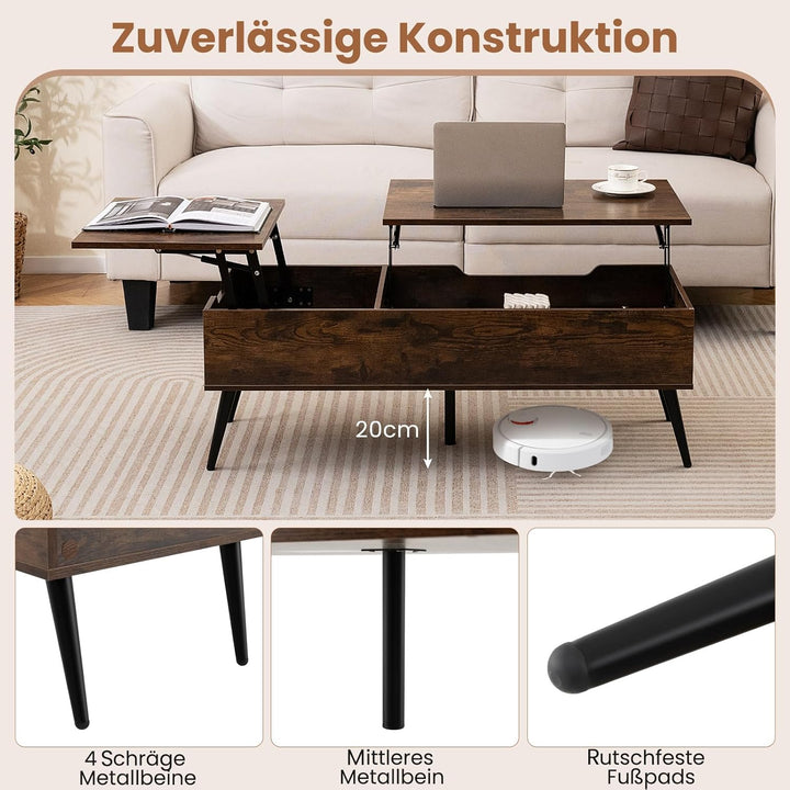 COSTWAY Couchtisch höhenverstellbar, Wohnzimmertisch mit anhebbarer Tischplatte & 2 versteckten Abla