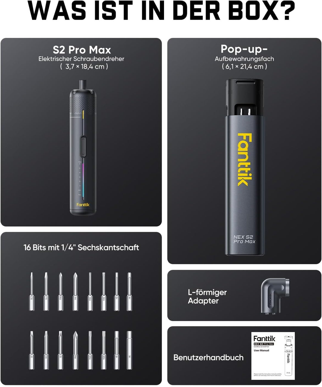 Fanttik S2 Pro Max Elektroschrauber Akkuschrauber Set, 7 Drehmomenteinstellungen, 0,5 bis 6 Nm, 16 m