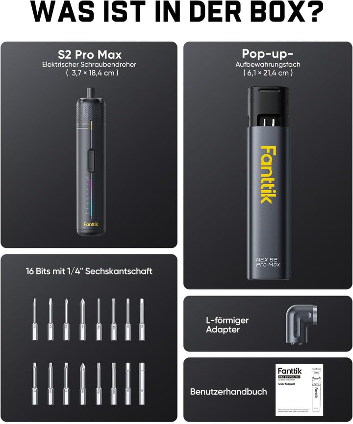 Fanttik S2 Pro Max Elektroschrauber Akkuschrauber Set, 7 Drehmomenteinstellungen, 0,5 bis 6 Nm, 16 m