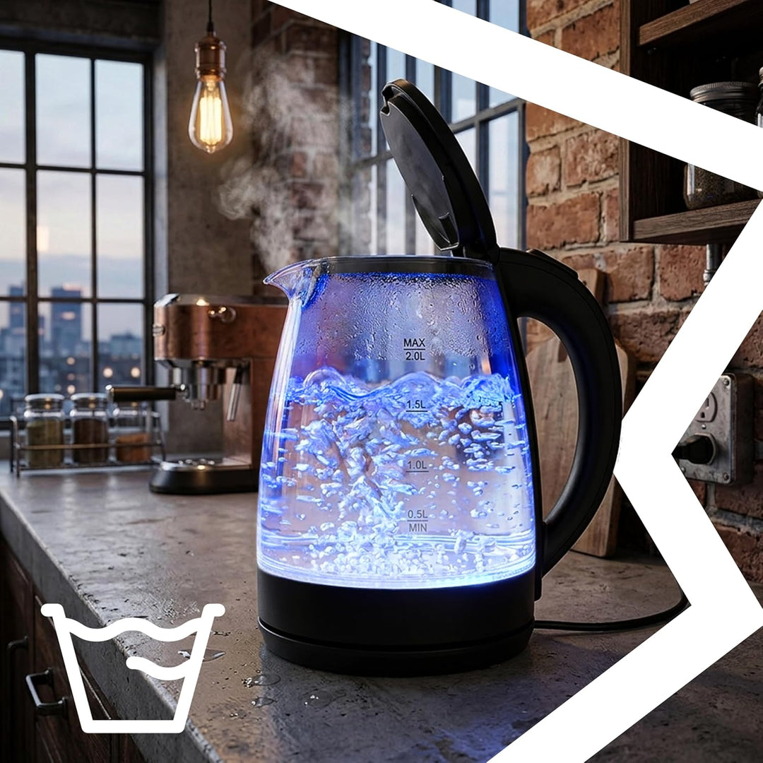Retoo Glas Wasserkocher mit 1.7L 2200W, Blitzaufheizung, Blaue LED Innenbeleuchtung, 360° Basis, Aut