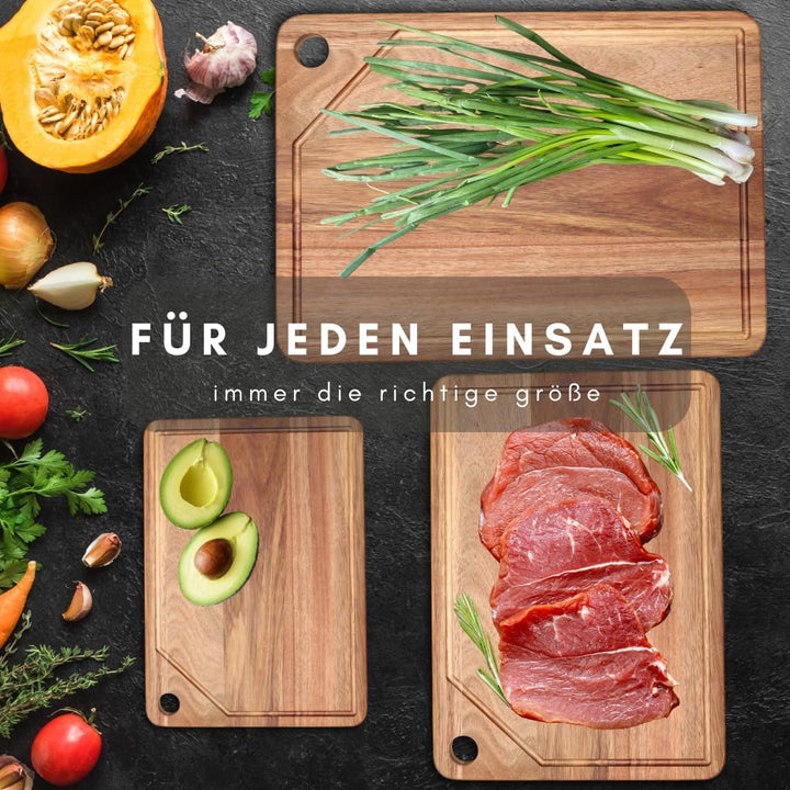 Hochwertiges 3er Schneidebrett Set - PERSONALISIERBAR - Küchenbrett mit Saftrille aus Holz mit prakt