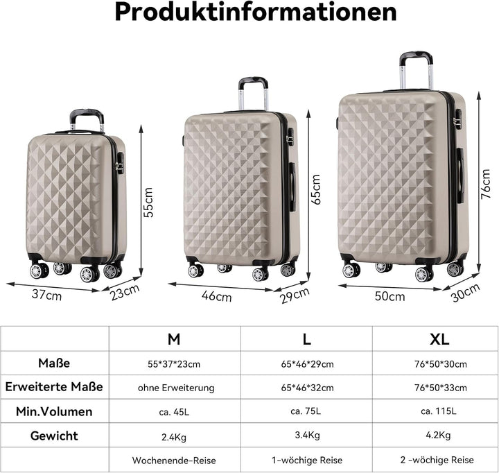 BEIBYE Zwillingsrollen 2066 Hartschale Trolley Koffer Reisekoffer Gepäck M-L-XL-Set (Champagner, Set