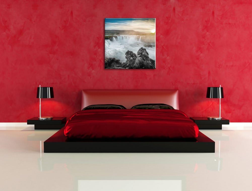 Pixxprint Goðafoss bei Sonnenuntergang schwarz/weiss, Format: 70x70 als Leinwandbild, 70x70
