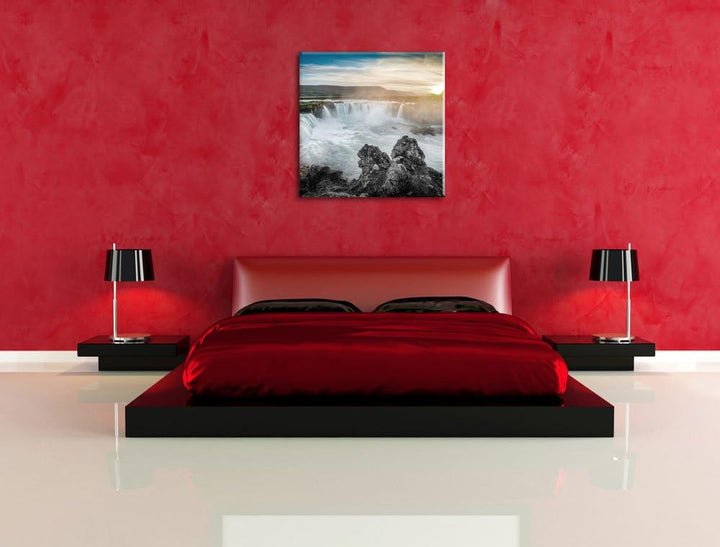 Pixxprint Goðafoss bei Sonnenuntergang schwarz/weiss, Format: 70x70 als Leinwandbild, 70x70