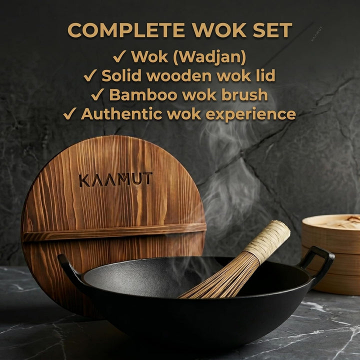 Wok Wadjan Professionell Ø36 aus Gusseisen – Mit Holzdeckel & Bambus-Wokbürste – Für alle Wärmequell