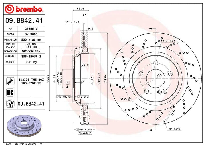 Brembo 09.B842.41 Hintere Bremsscheibe mit UV Lackierung