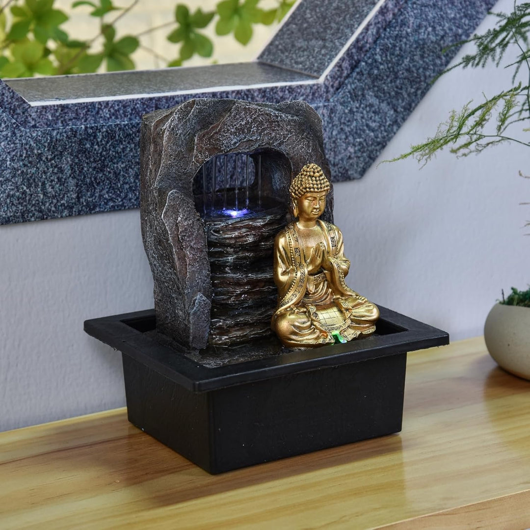 Zen Dao Fountain - Innenbrunnen Buddha Statue Abnehmbares LED -Licht - geschlossen - brauner und Gol