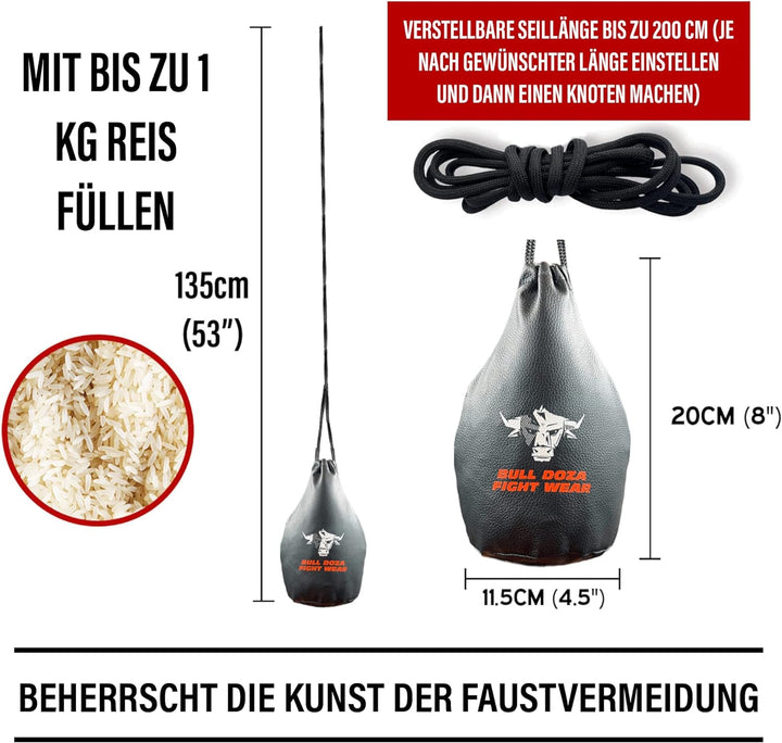 BULL DOZA FIGHT WEAR Ausweichen Reaktionstasche – Faustbreite – 1 kg wenn gefüllt – 2 Meter Seil zum