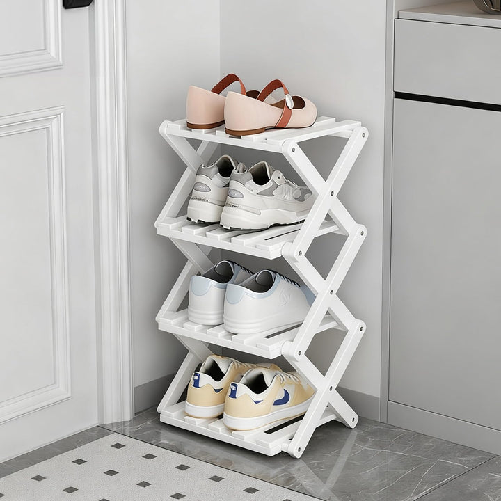 Kleines Schuhregal, weiss, 4 Etagen, Bambus, faltbar, Schuh-Organizer, freistehendes Regal für Einga