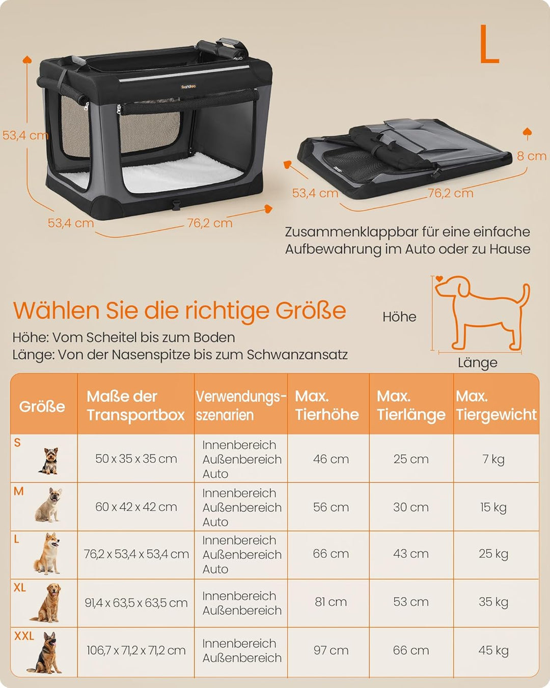 Feandrea Hundebox faltbar, 76,2 cm Transportbox für mittelgrosse Hunde, Hundetasche, Oxford-Gewebe,