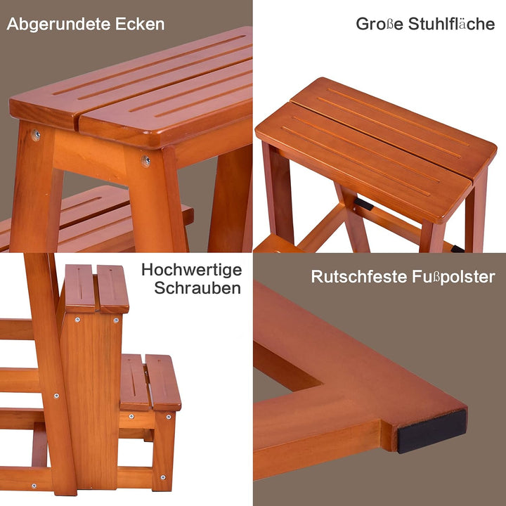 RELAX4LIFE Leiterstuhl 3 Stufen, Tritthocker Kiefernholz, Trittleiter zusammenklappbar, Trittstuhl,