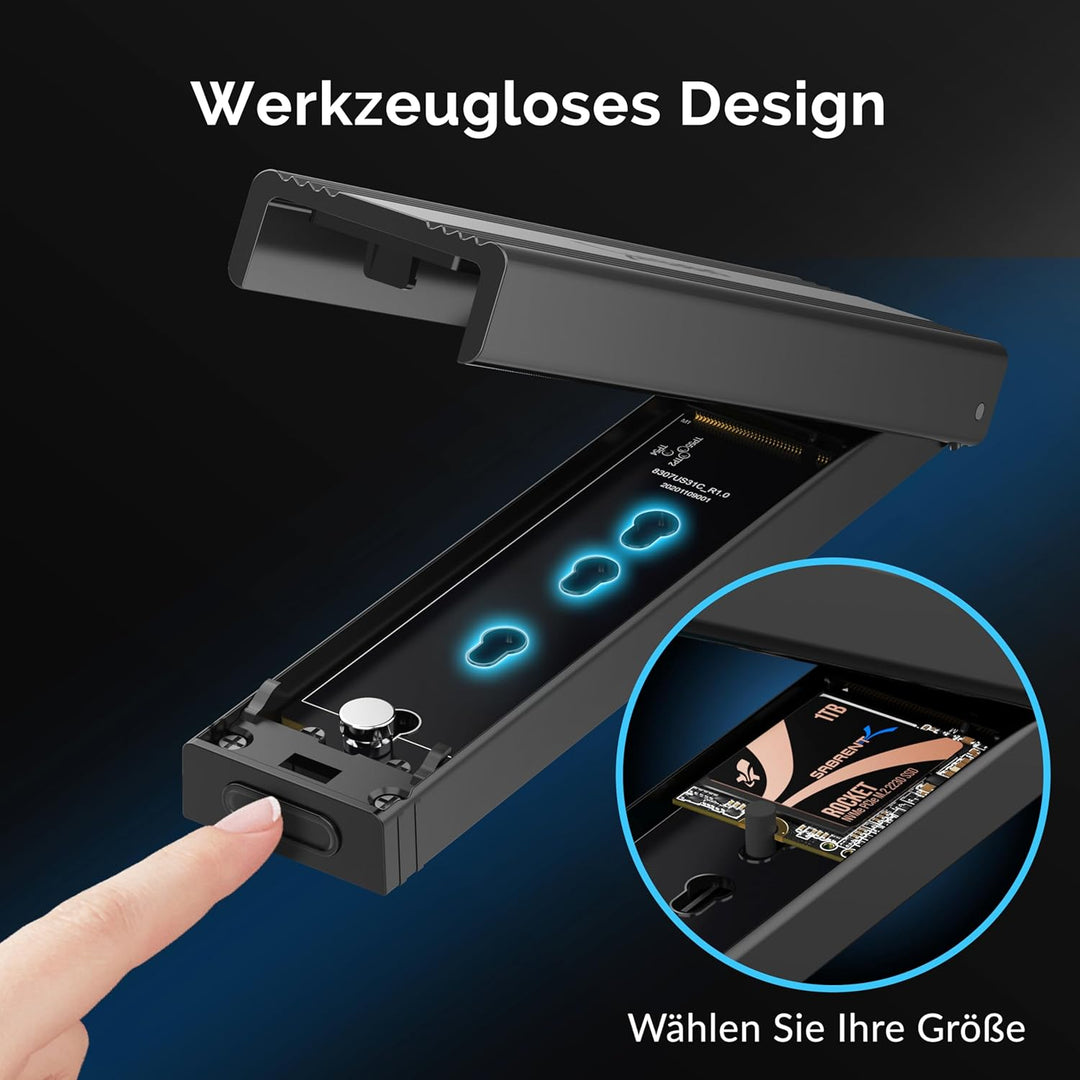 SABRENT M.2 SSD Gehäuse, USB C 3.2 Gen 2 auf NVMe SSD, Aluminium Externes M2 NVMe Adapter, Werkzeugl
