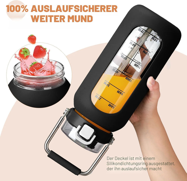 BLUEGO 2000ml Glaswasserflasche mit Edelstahlgriff und Zeitmarkierung 2L Trinkflasche Borosilikatgla