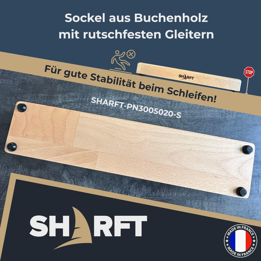 SHARFT, natürlicher Schleifstein aus den Pyrenäen, entspricht Körnung 1000 + Holzsockel. Schleifstei