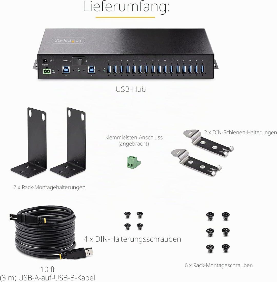 StarTech.com 16-Port Industrie USB 3.0 Hub 5Gbit/s, DIN/Aufputz/Rack Montage, ESD-Schutz, Terminal B