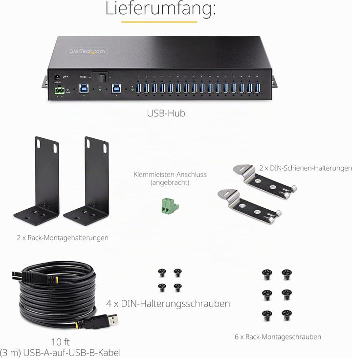 StarTech.com 16-Port Industrie USB 3.0 Hub 5Gbit/s, DIN/Aufputz/Rack Montage, ESD-Schutz, Terminal B