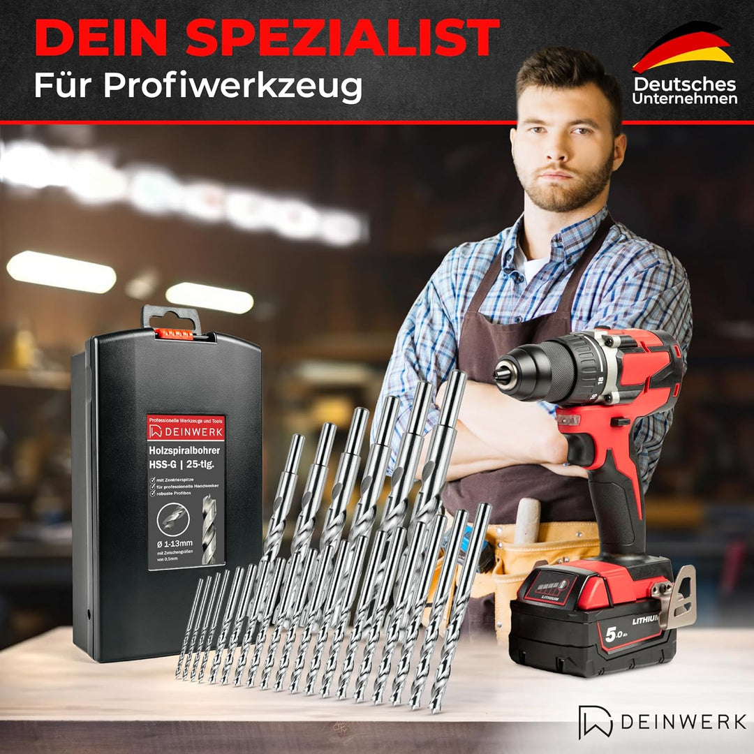 Holzbohrer Set 1-13mm, 25-tlg, HSS-G, Holz-Spiralbohrer für Bohrmaschine & Akkuschrauber, Bohrer Set