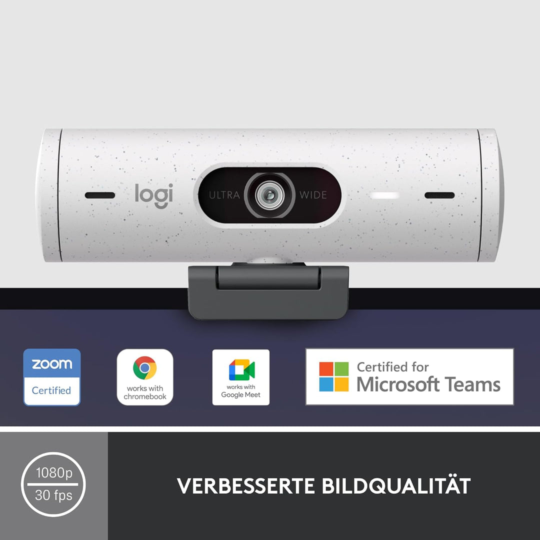 Logitech Brio 500 Full-HD-Webcam mit Auto-Lichtkorrektur, Zeigemodus, Doppelmikrofon + Rauschunterdr
