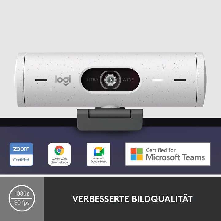 Logitech Brio 500 Full-HD-Webcam mit Auto-Lichtkorrektur, Zeigemodus, Doppelmikrofon + Rauschunterdr