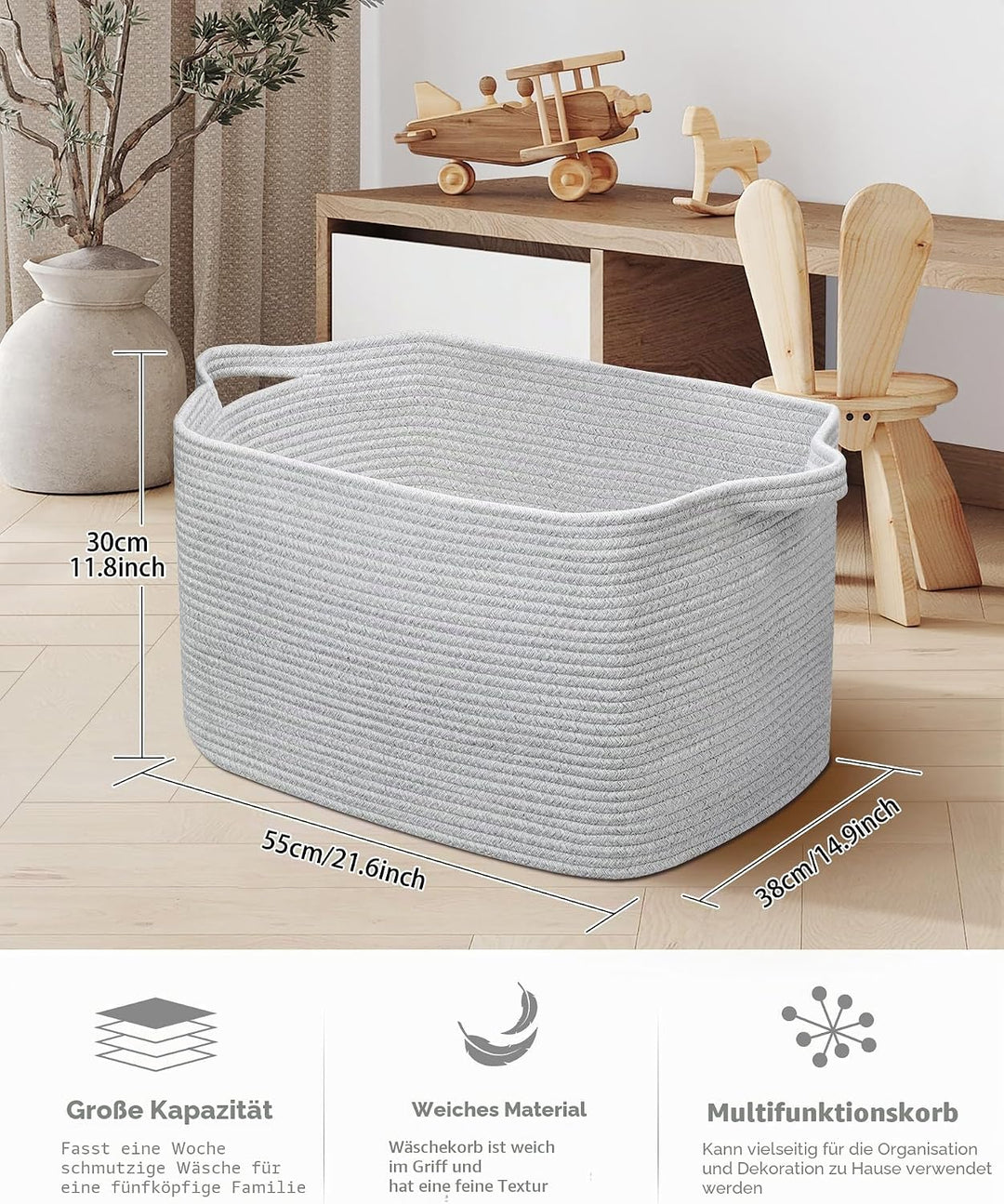 JOJOSEE Faltbarer Wäschekorb, 63L Grosse Wäschesammler, Laundry Baskets aus Baumwolle, Geflochten Au
