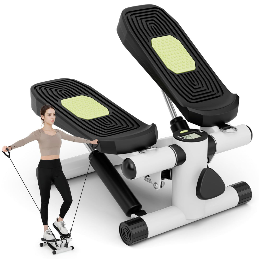 GYMAX Mini Stepper für Zuhause, Up-Down Stepper mit Power Ropes, LCD-Monitor & 5-stufige höhenverste