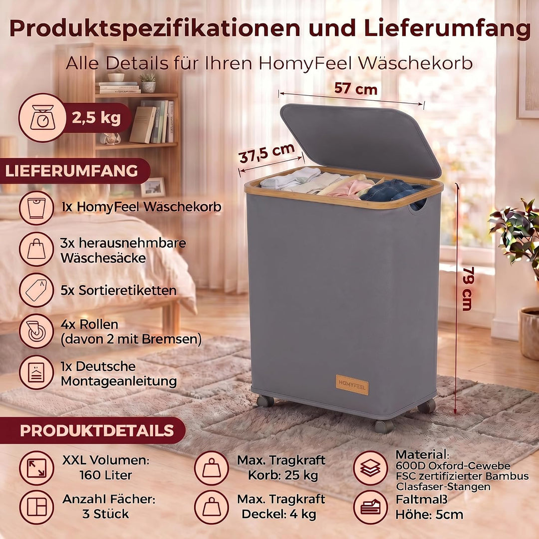 HomyFeel - Wäschekorb 3 Fächer rollbar, 160L Wäschesammler mit Deckel, Wäschesortierer gross, Oxford