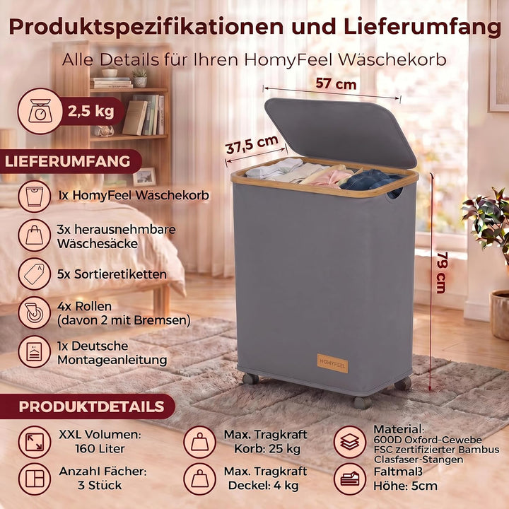 HomyFeel - Wäschekorb 3 Fächer rollbar, 160L Wäschesammler mit Deckel, Wäschesortierer gross, Oxford