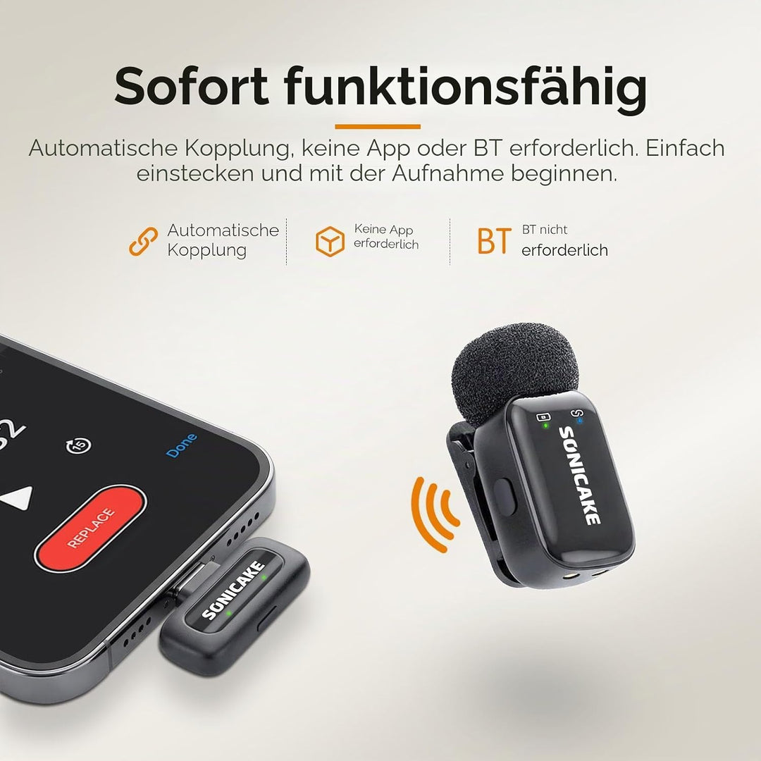 SONICAKE Mini Wireless Mikrofon, 2,4 GHz Dreistufige Geräuschunterdrückung | Kompatibel mit iPhone/A