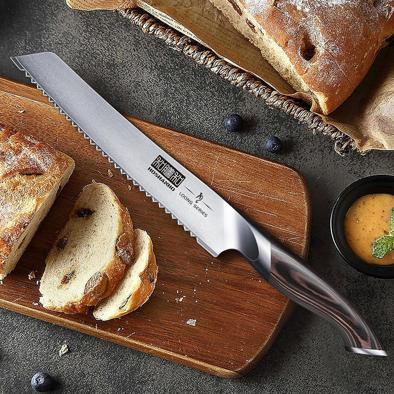 HOSHANHO Brotmesser, 20cm Gestochen Scharf Brotmesser mit Wellenschliff aus Hochgekohltem Edelstahl,