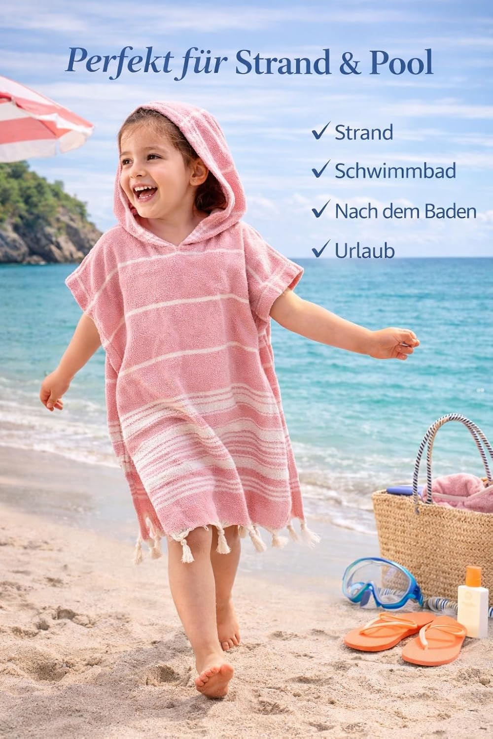 ELY PARKER Strandponcho für Kinder - 100% Baumwolle Strandtuch &amp; Strandkleid - Saugstarkes Badeponch