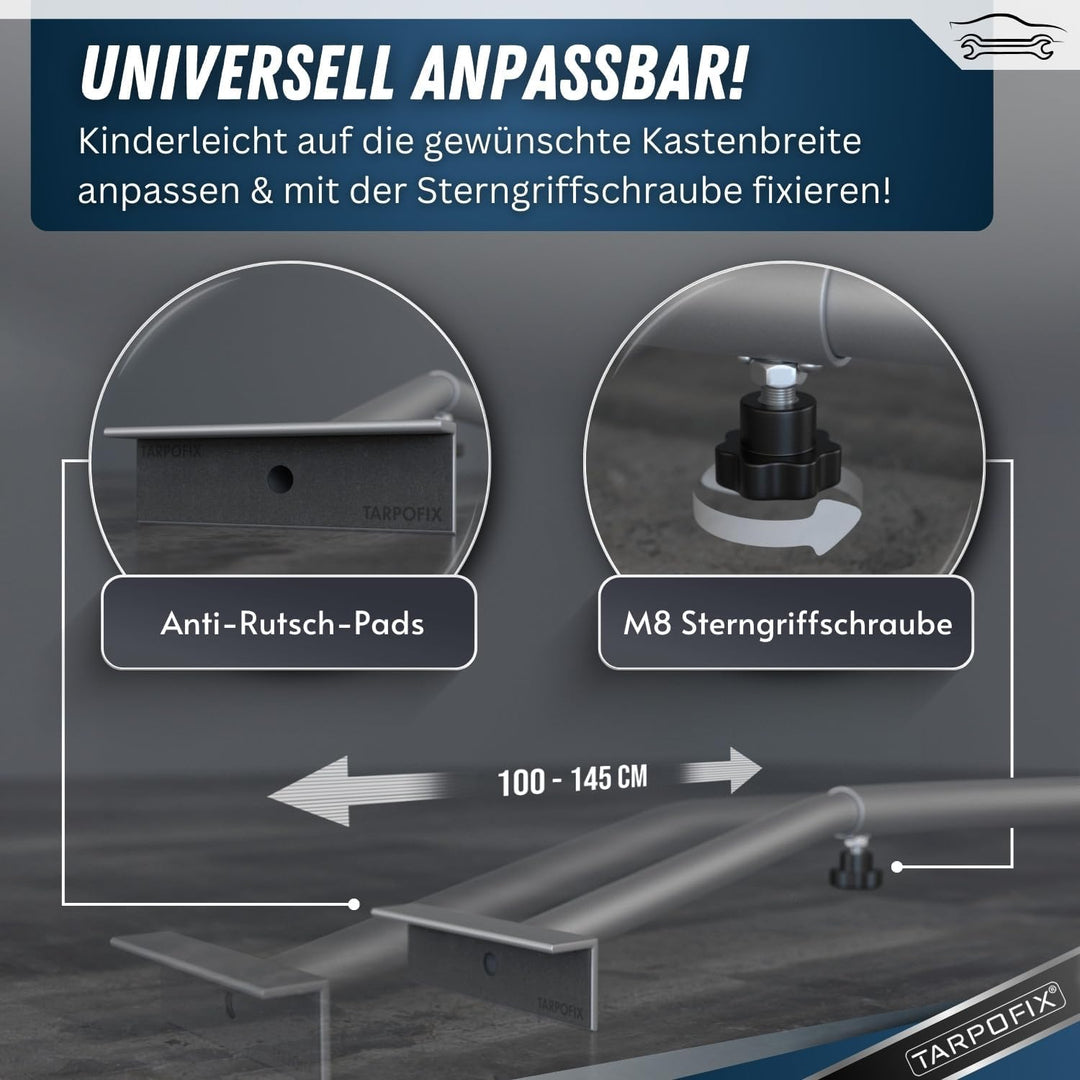 Tarpofix® Anhängerplane Flachplane 150 x 105 x 7,5 cm + 2x Planenbügel (verstellbar 100-145 cm) - ra