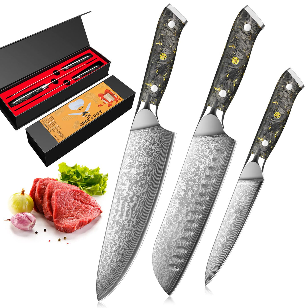 Home Safety 3er Damast Messerset mit Klingen von 12.4 bis 20 cm Länge - Hochwertiges Damastmesser Se