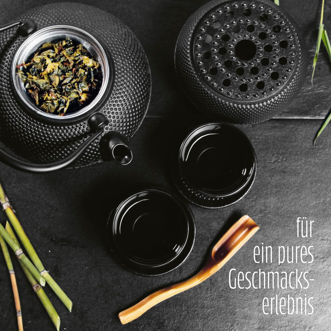 Lumaland Tee Set 8-teilig | 1,4 Liter Gusseiserne Teekanne Tetsubin | Stövchen aus Gusseisen | 2 Tee