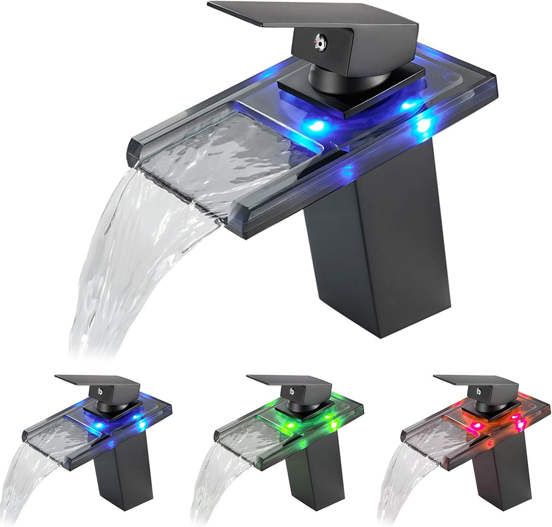 KEOKBON LED Lichter Bad Wasserhahn Schwarz, Farbtemperatur Wasserfall Waschtischarmatur, Waschtischb