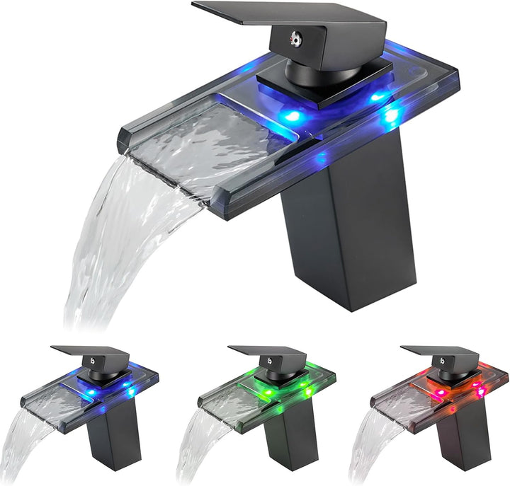 KEOKBON LED Lichter Bad Wasserhahn Schwarz, Farbtemperatur Wasserfall Waschtischarmatur, Waschtischb