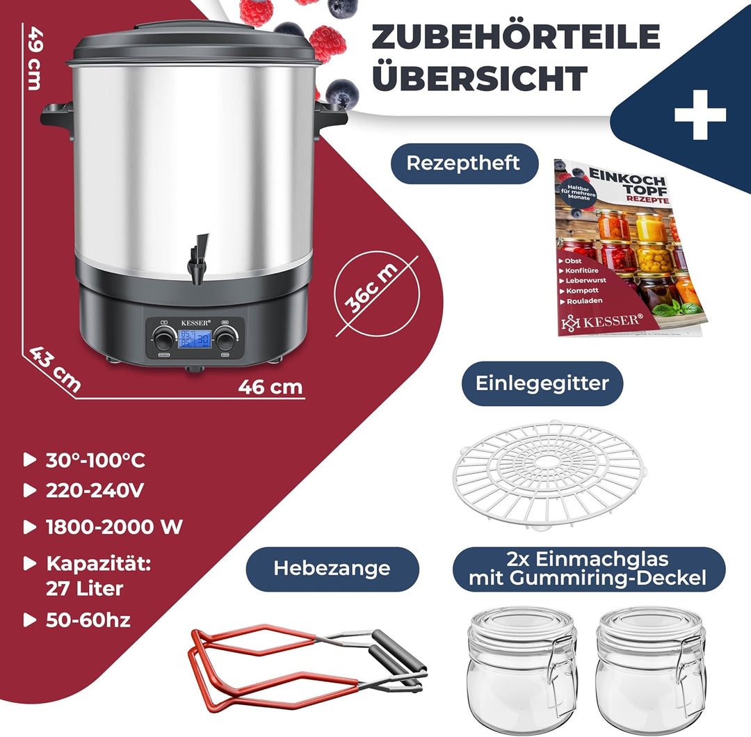 KESSER Einkochautomat 27L Glühweinkocher Glühweinkessel Edelstahl Timer | 2000W Temperatur 30-100°C