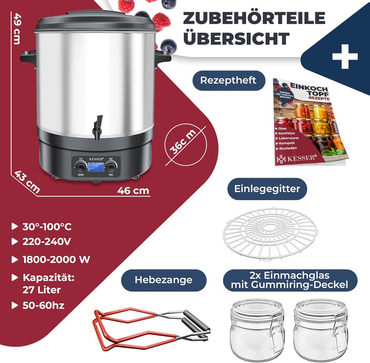KESSER Einkochautomat 27L Glühweinkocher Glühweinkessel Edelstahl Timer | 2000W Temperatur 30-100°C
