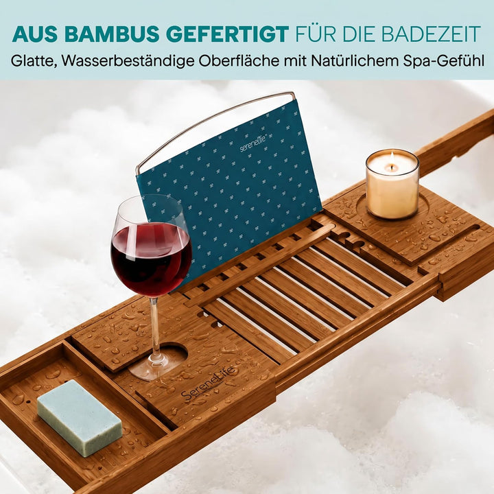 SereneLife Badewannenablage aus natürlichem Bambus, ausziehbares Badewannenbrett, Ablage Badewanne E