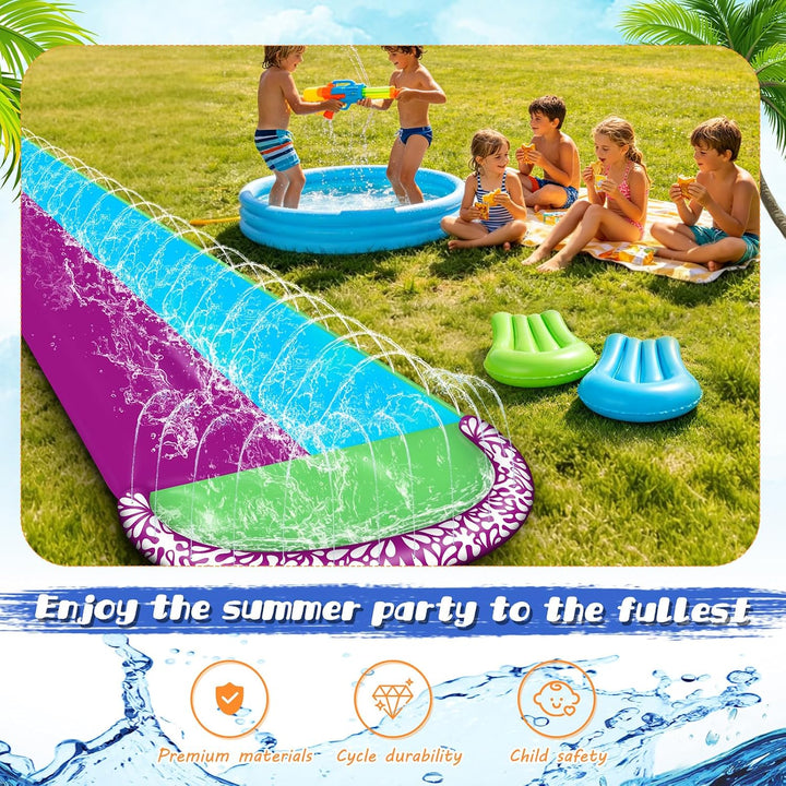 Wasserrutsche Garten für Kinder, 610x240cm Wasserrutschmatte mit 2 Bodyboards, Doppelrutsche mit Ein
