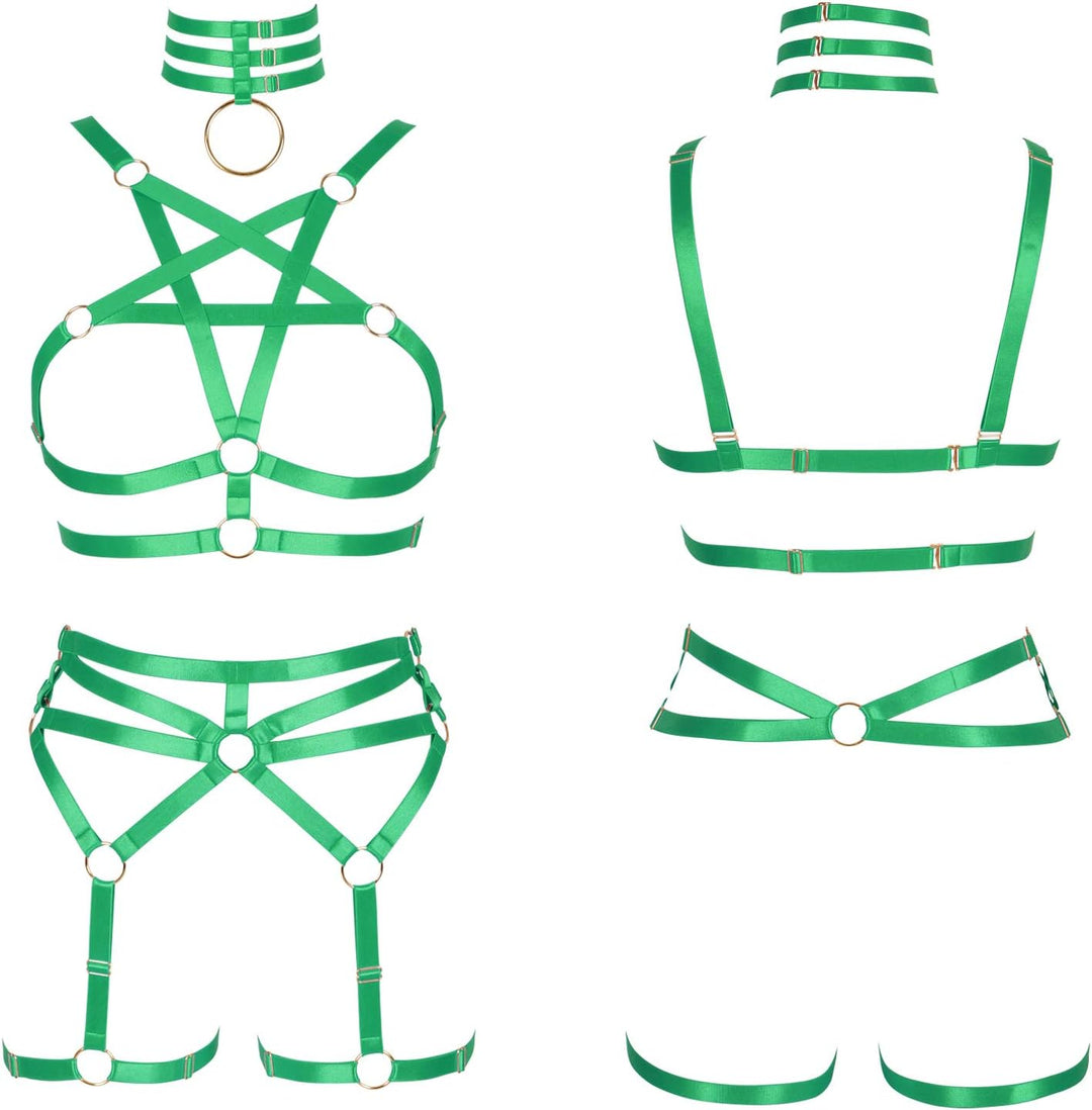 BBOHSS Damen Body Harness Pentagramm BH Set Punk Strumpfband Bein Taille Tanz Elastic Gothic Carniva