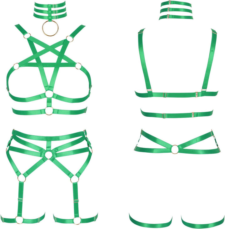 BBOHSS Damen Body Harness Pentagramm BH Set Punk Strumpfband Bein Taille Tanz Elastic Gothic Carniva