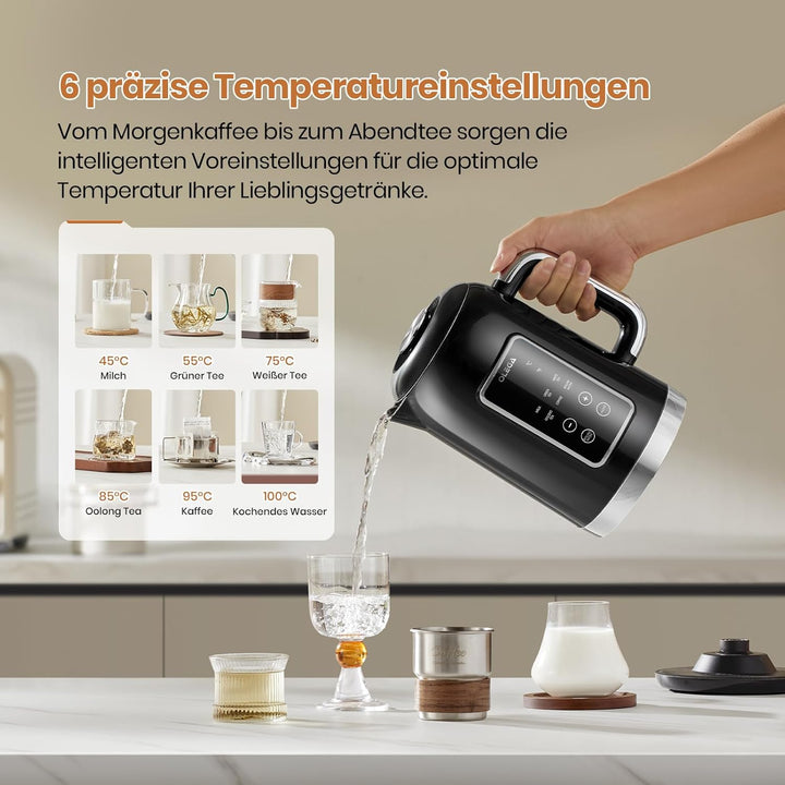 OLEGA Wasserkocher: 1800 W Wasserkocher mit Temperaturregelung, 1,5 l Fassungsvermögen, Edelstahl, S