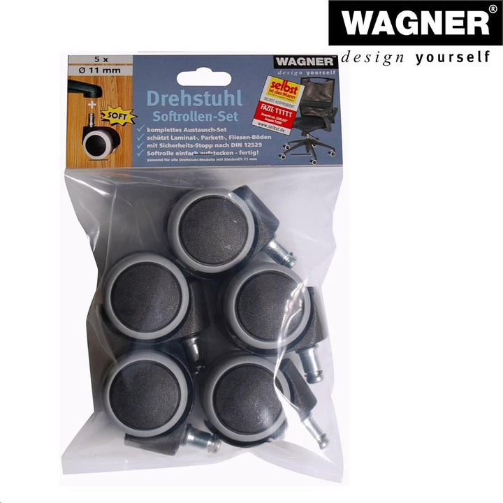 WAGNER Drehstuhlrollen/Bürostuhlrollen 5tlg. Set - SOFT - Durchmesser Ø 50 mm, Bauhöhe 55 mm, Softla