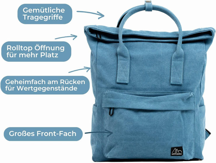 Canvas-Rucksack Kolibri/Alltagsbegleiter mit 20l Volumen/Fächervielfalt/Rolltop – Blau