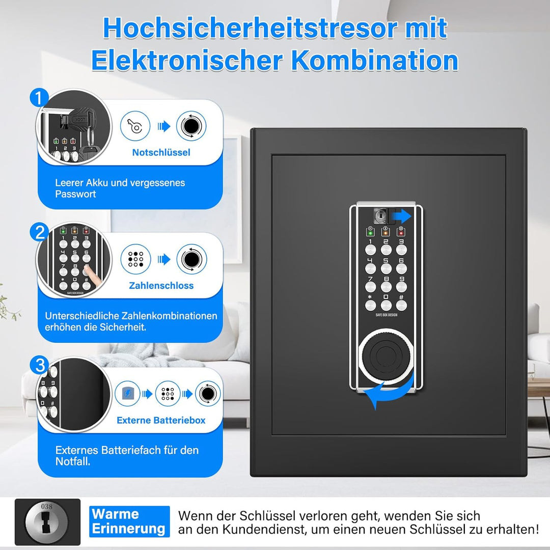 45L Grosser Feuerfester Tresor Safe mit Feuersichere Dokumententasche, Digitaler Möbeltresore mit 2