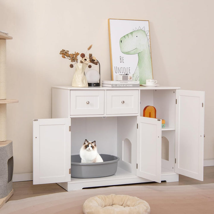 COSTWAY Katzenschrank für Katzentoilette, Katzenklo Schrank mit 2 Schubladen, 3 Türen & Eingang, Kat