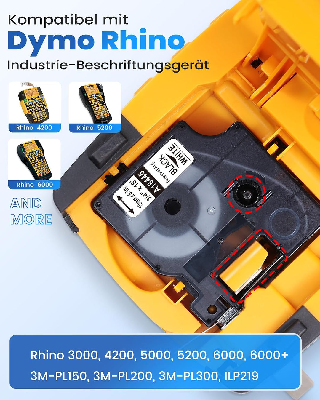 4x Selbstklebendes Industrie Vinyl Weiss Kompatibel mit Dymo Rhino 18445 | 19 mm × 5,5 m Schwarz auf