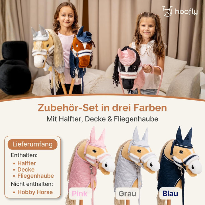 Hobby Horse Zubehör Set – Halfter mit Strick, Decke & Fliegenhaube in Grau für Hobby Horses [TÜV gep