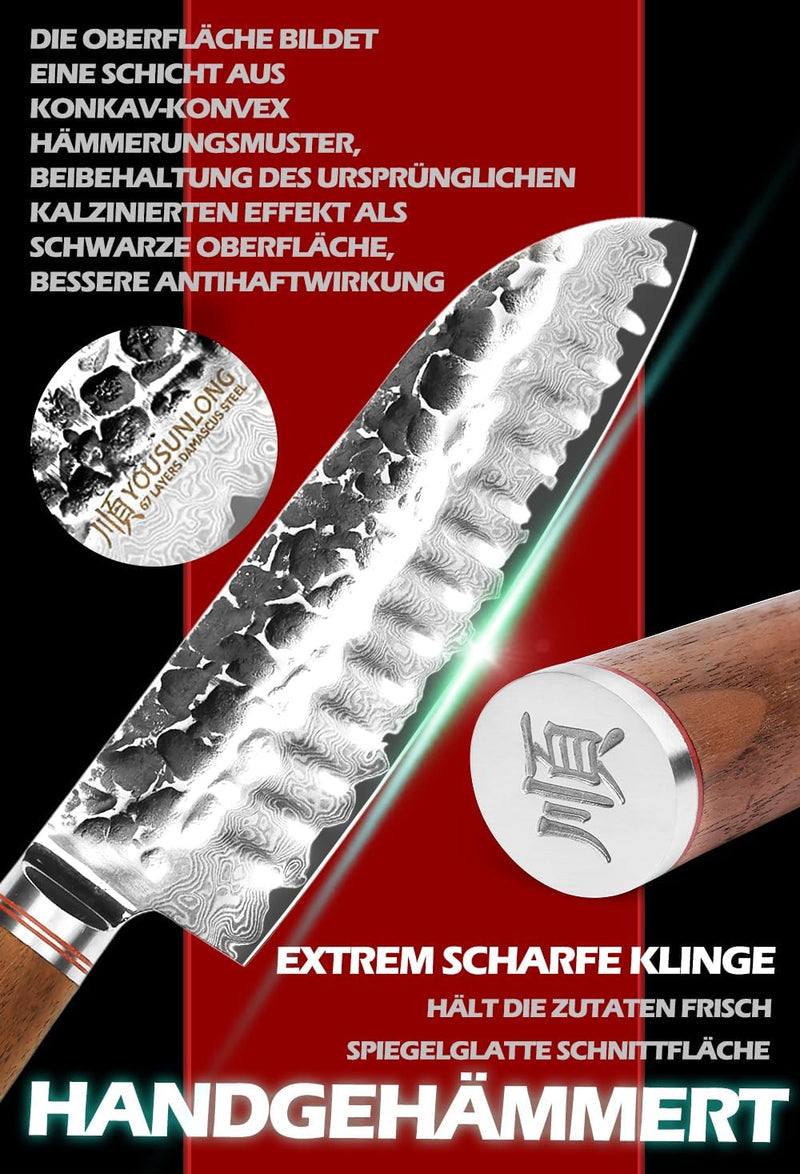 YOUSUNLONG Santoku 7 Zoll Pro Kochmesser Japanischer Griff aus gehämmertem Damaststahl aus natürlich