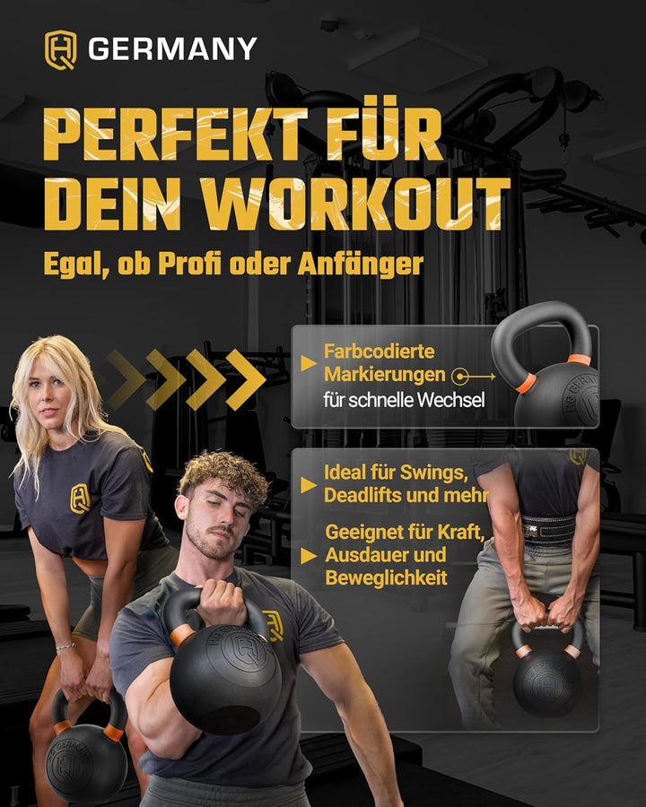HQ Germany® Kettlebell Powdercoat [Pulverbeschichtung] - Kugelhantel 2-32kg | Vollguss ohne Schweiss